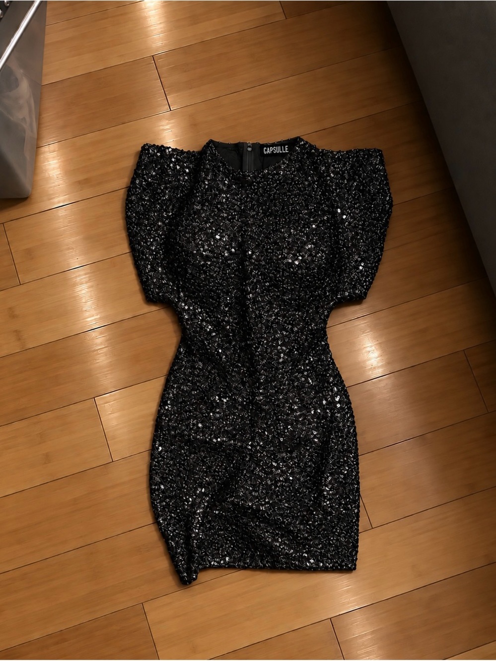 Black Sequin Puff-Sleeve Mini Dress